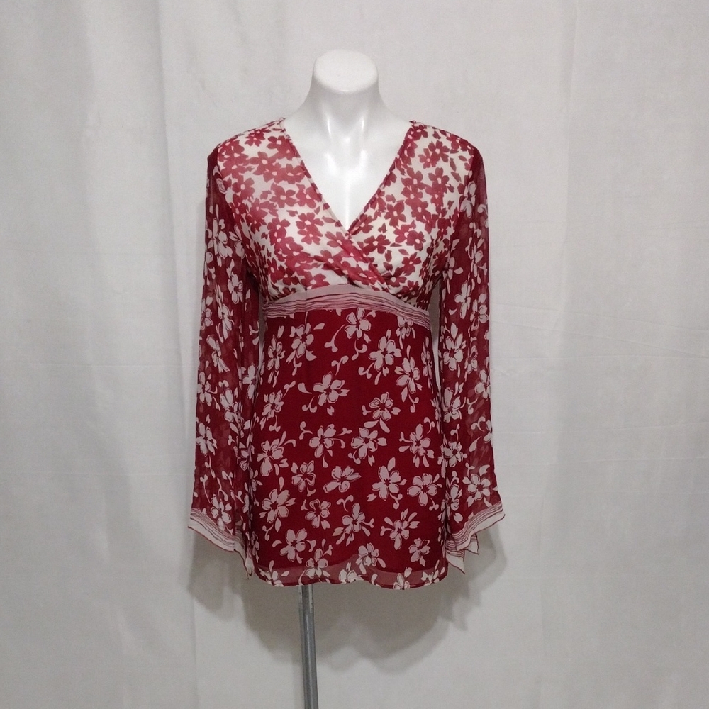Chadwick's Floral Silk Surplice V-Neck Empire Waist Boho Romantic Tunic Top 6